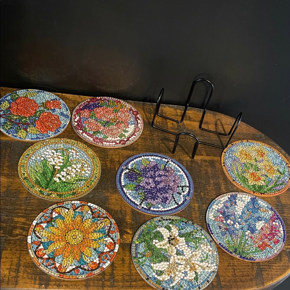 Diamond Dot Coaster Set of 8 Flower Designs with Metal Coaster Holder